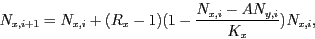 \begin{displaymath}
N_{x,i+1} = N_{x,i} + (R_x-1) (1 - \frac{N_{x,i}-AN_{y,i}}{K_x}) N_{x,i},
\end{displaymath}