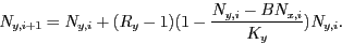 \begin{displaymath}
N_{y,i+1} = N_{y,i} + (R_y-1) (1 - \frac{N_{y,i}-BN_{x,i}}{K_y}) N_{y,i}.
\end{displaymath}