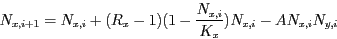 \begin{displaymath}
N_{x,i+1} = N_{x,i} + (R_x - 1) (1 - \frac{N_{x,i}}{K_x}) N_{x,i} -
A N_{x,i} N_{y,i}
\end{displaymath}