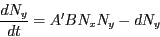 \begin{displaymath}
\frac{dN_y}{dt} = A' B N_x N_y - d N_y
\end{displaymath}