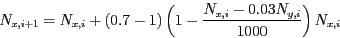 \begin{displaymath}
N_{x,i+1} = N_{x,i} + (0.7 - 1) \left( 1 -
\frac{N_{x,i}-0.03 N_{y,i}}{1000} \right) N_{x,i}
\end{displaymath}