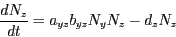 \begin{displaymath}
\frac{dN_z}{dt} = a_{yz} b_{yz} N_y N_z - d_z N_z
\end{displaymath}