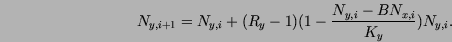 \begin{displaymath}
N_{y,i+1} = N_{y,i} + (R_y-1) (1 - \frac{N_{y,i}-BN_{x,i}}{K_y}) N_{y,i}.
\end{displaymath}